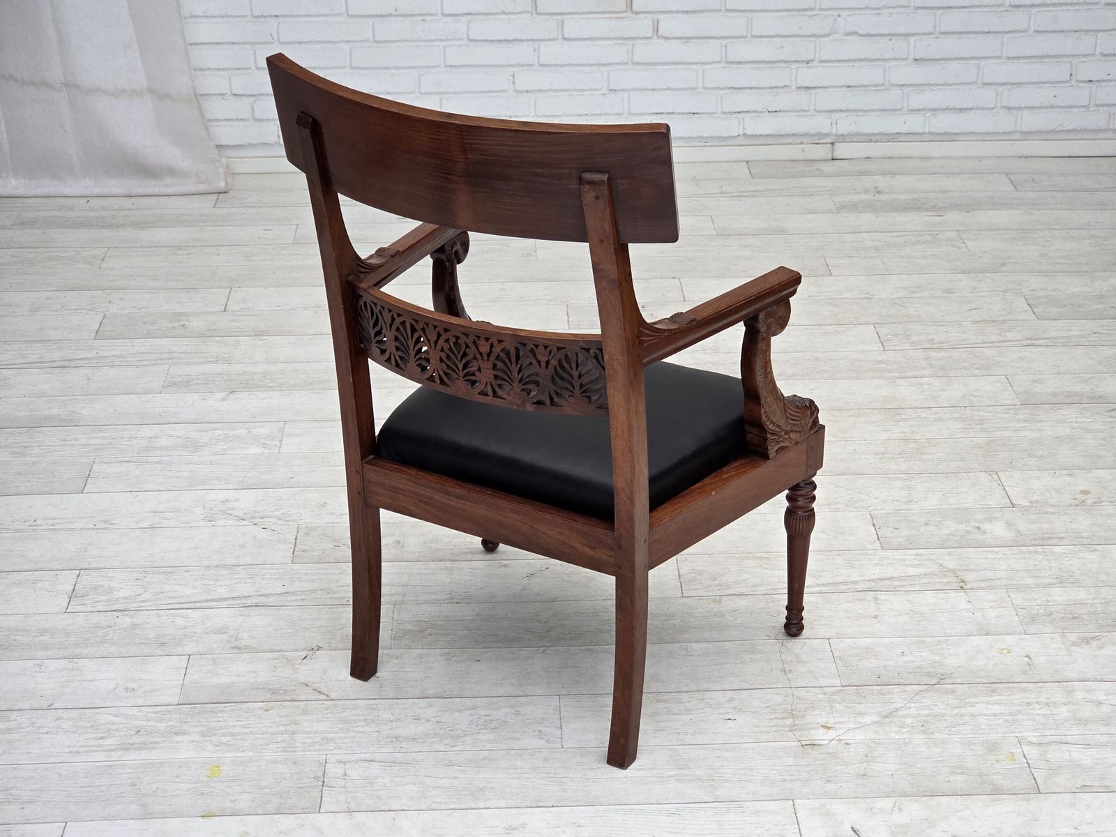 photo for sale 1920 30s, Set Of 2 Armchairs, Design After Georges Jacob, Carved Teak Wood, Leather, Reupholstered.