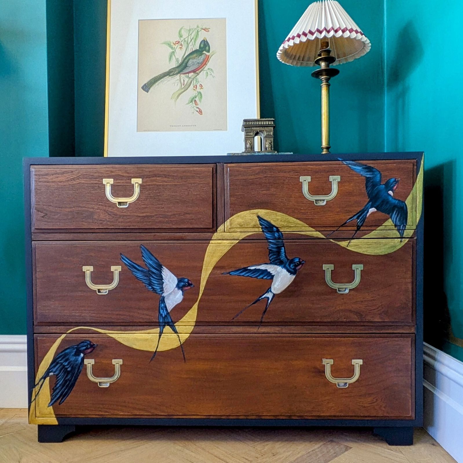 Reproduction Campaign Chest With Hand Painted Swallow Design