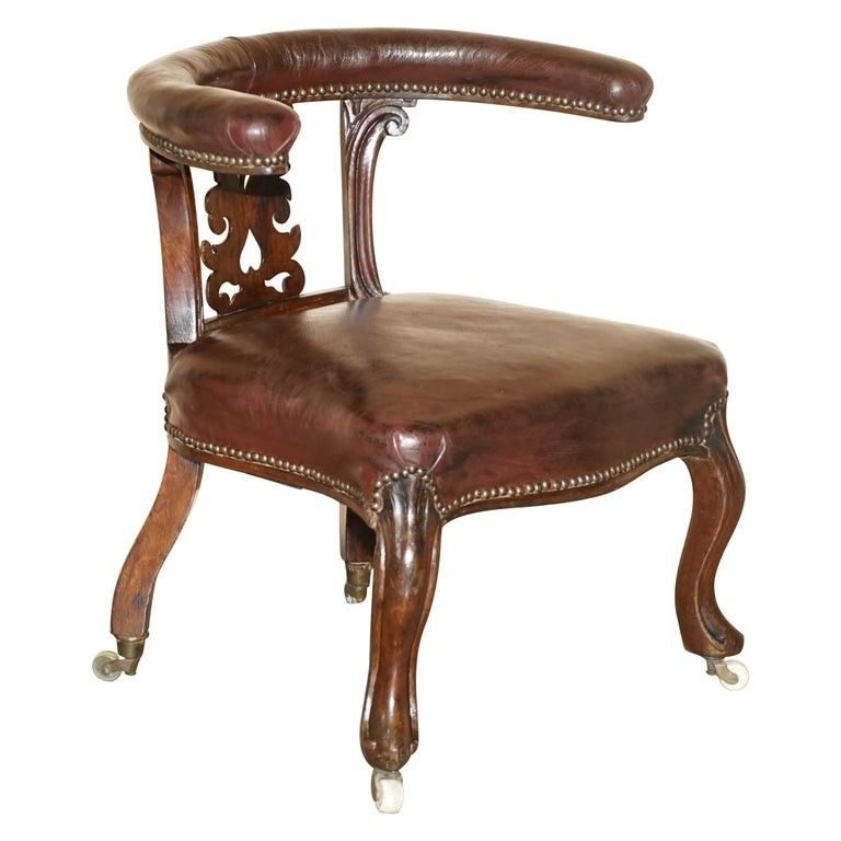 Fine Antique 1830 William IV Cockfighting Brown Leather Chair Original Castors