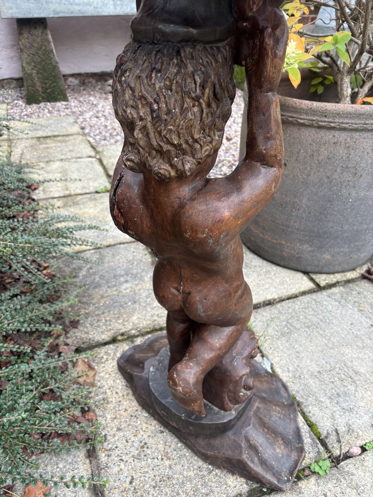 Carved Wooden Cornucpoia Cherub With Shell Traytop photo for sale