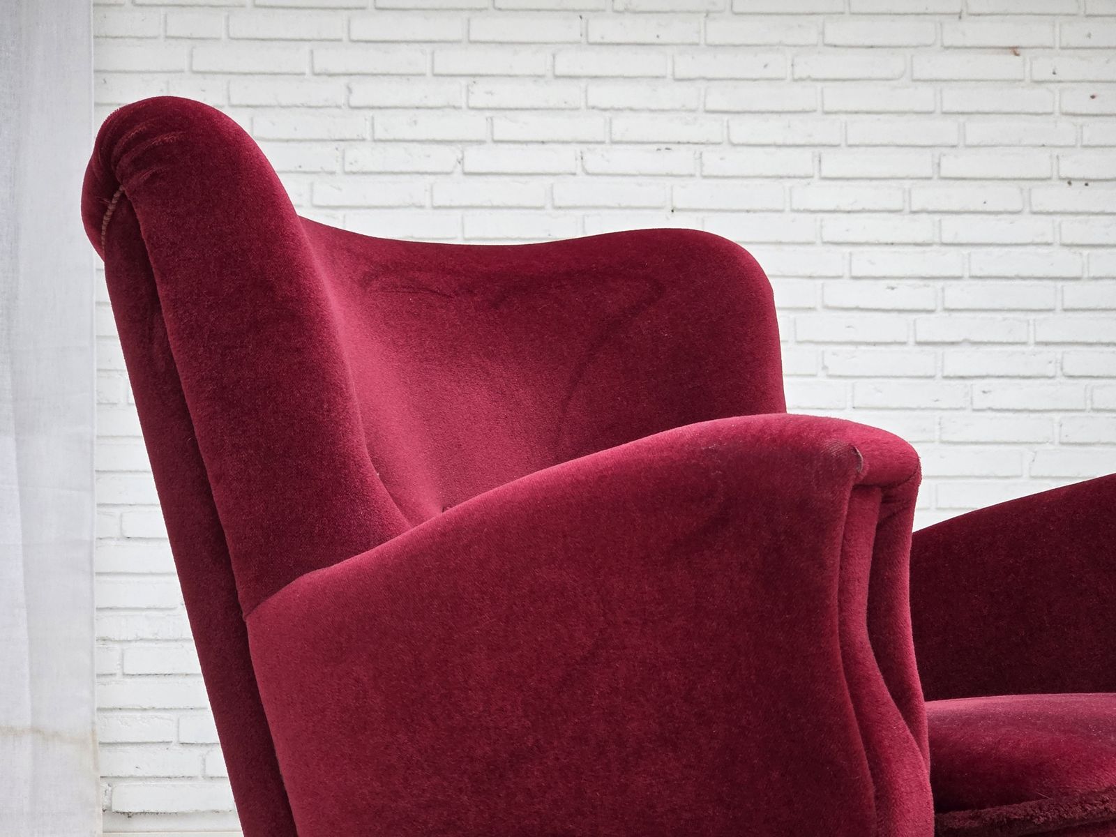 1960s, Danish Armchair, Cherry Red Furniture Velour, Beech Wood Legs. photo 1290.0