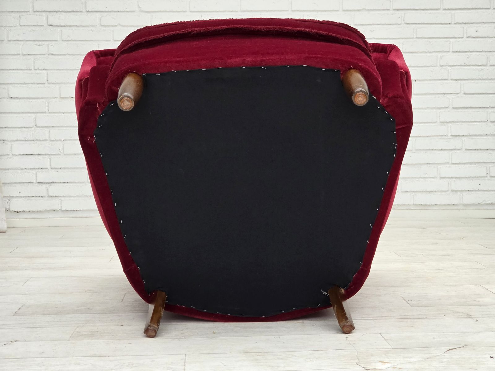 Furniture 1960s, Danish Armchair, Cherry Red Furniture Velour, Beech Wood Legs. photo