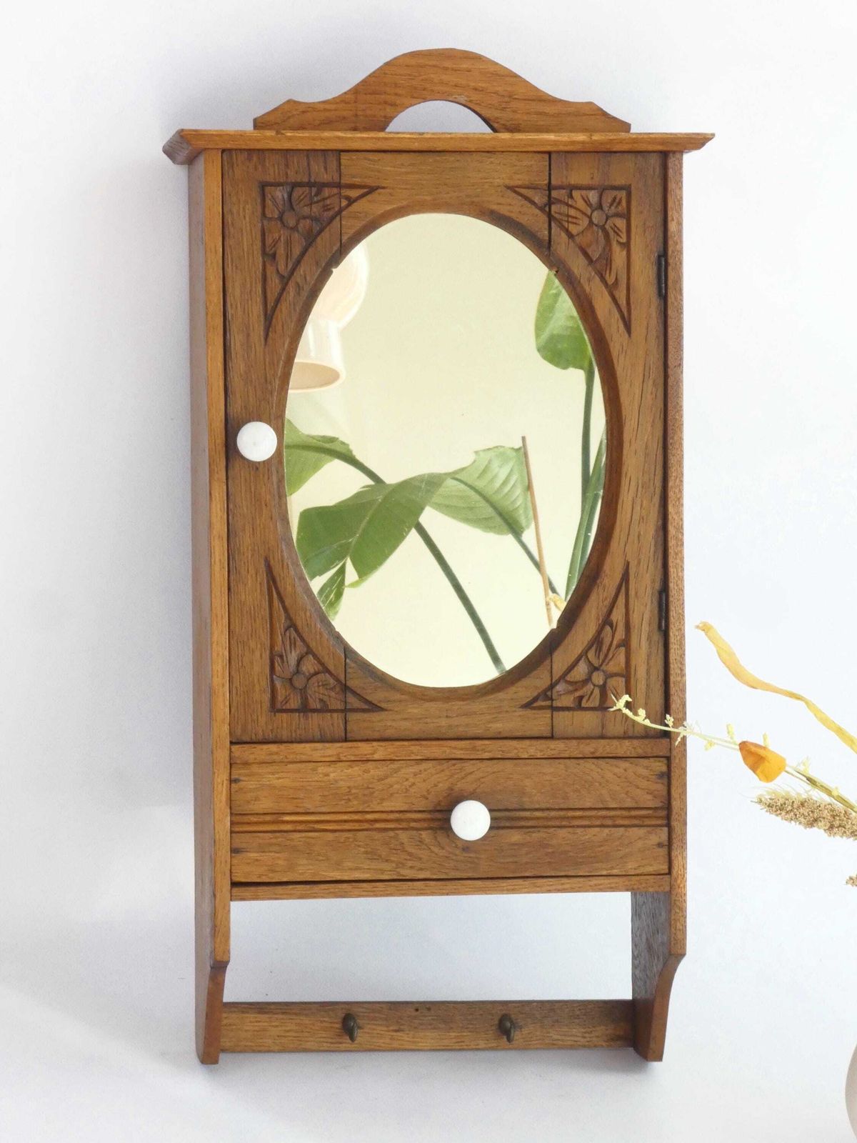 Small Antique Wooden Hanging Cabinet With Oval Mirror And Carved Floral Details, Medicine Apothecary With Drawer And Shelf photo furniture