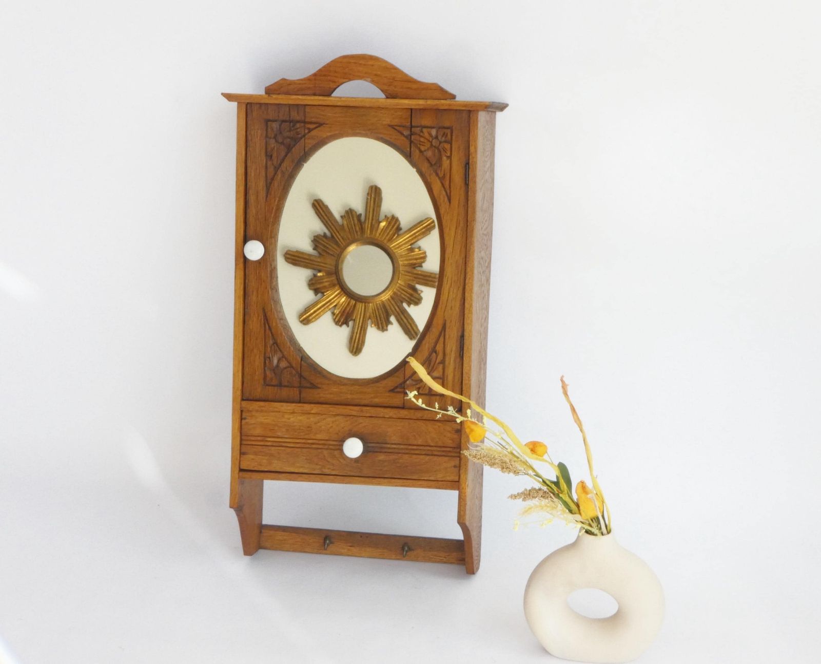 Small Antique Wooden Hanging Cabinet With Oval Mirror And Carved Floral Details, Medicine Apothecary With Drawer And Shelf photo vintage