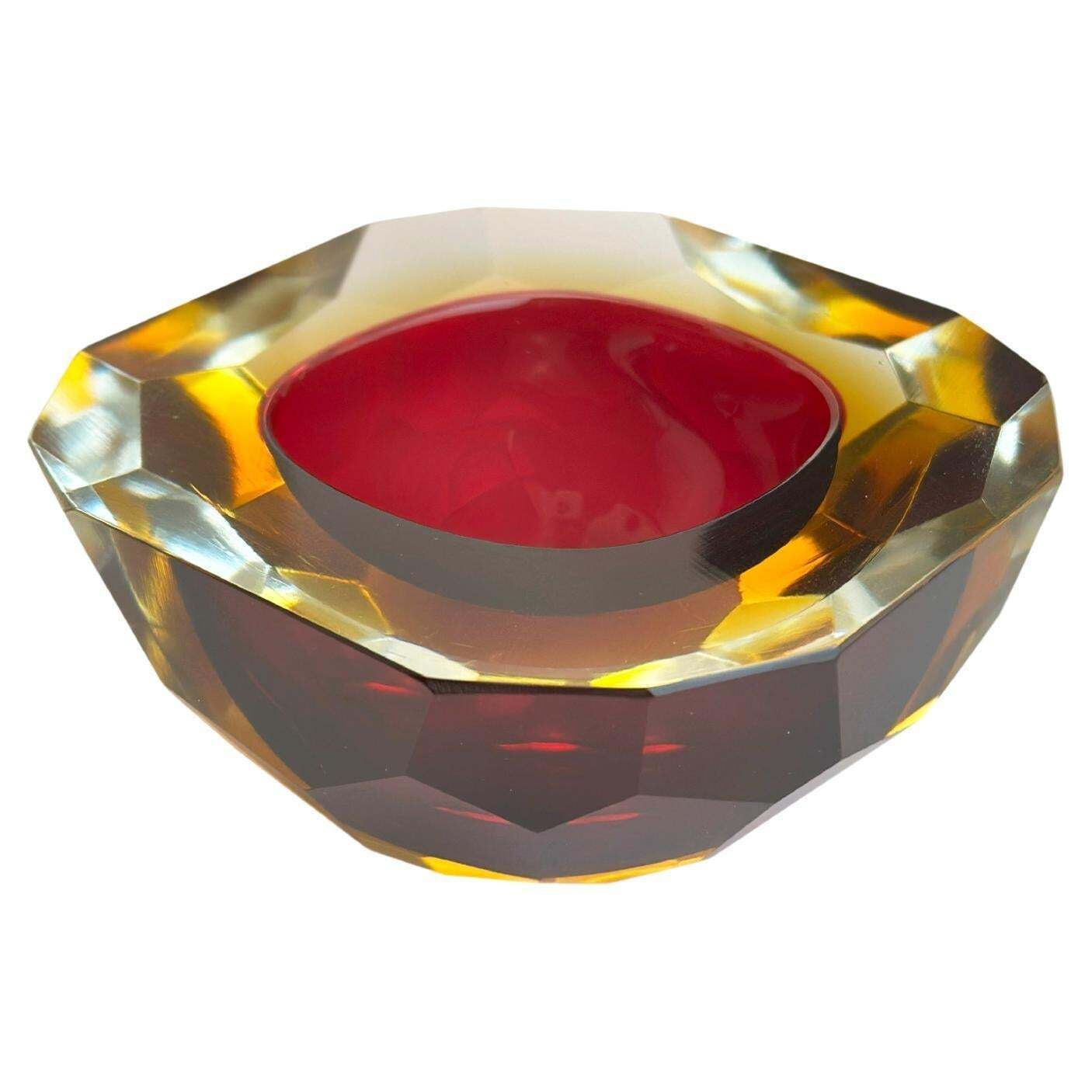 Murano Glass Faceted Sommerso Bowl In Pink And Yellow, Italy, 1960s