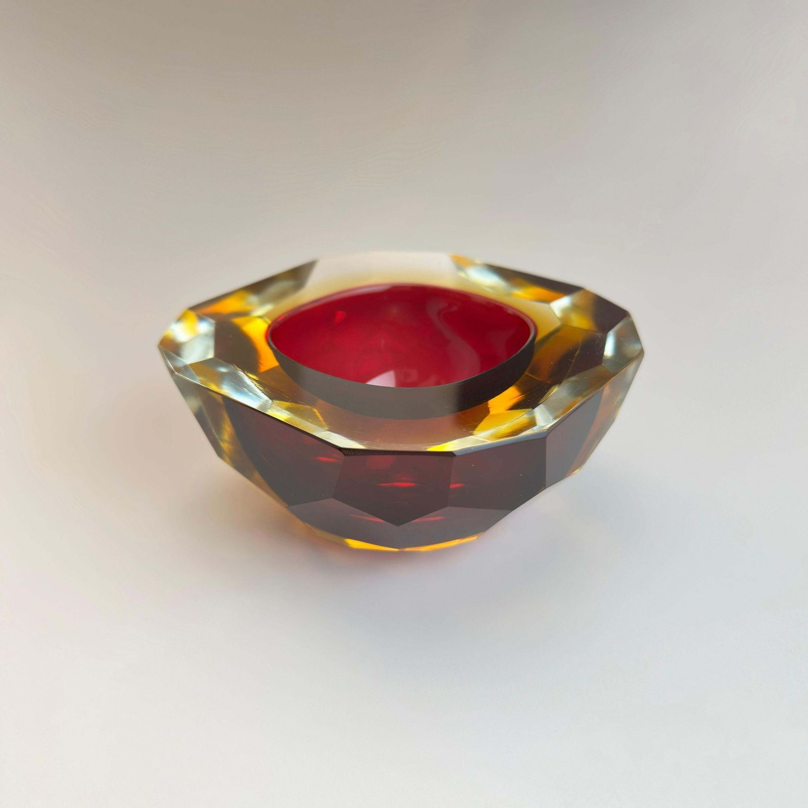 photo for sale Murano Glass Faceted Sommerso Bowl In Pink And Yellow, Italy, 1960s
