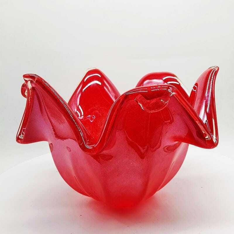 Glossy Red Jacketed Vase In Hand Worked Murano Glass. Made In Italy.