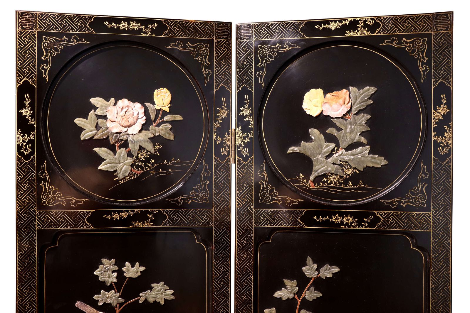 A Chinese Chinoiserie Hardstone Mounted Black Lacquer Four Fold Screen, Circa 1930 photo Home Decor