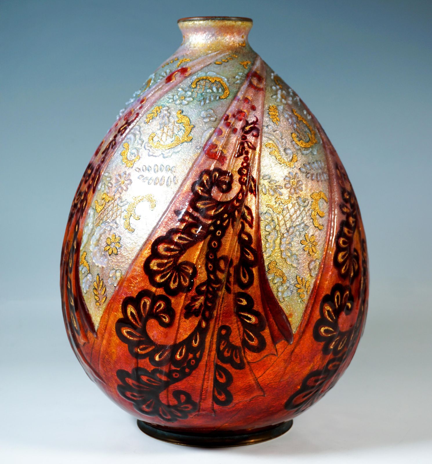 Large Art Déco Enamel Vase 'Volants Et Dentelles', Camille Fauré, France 1925/30 photo furniture