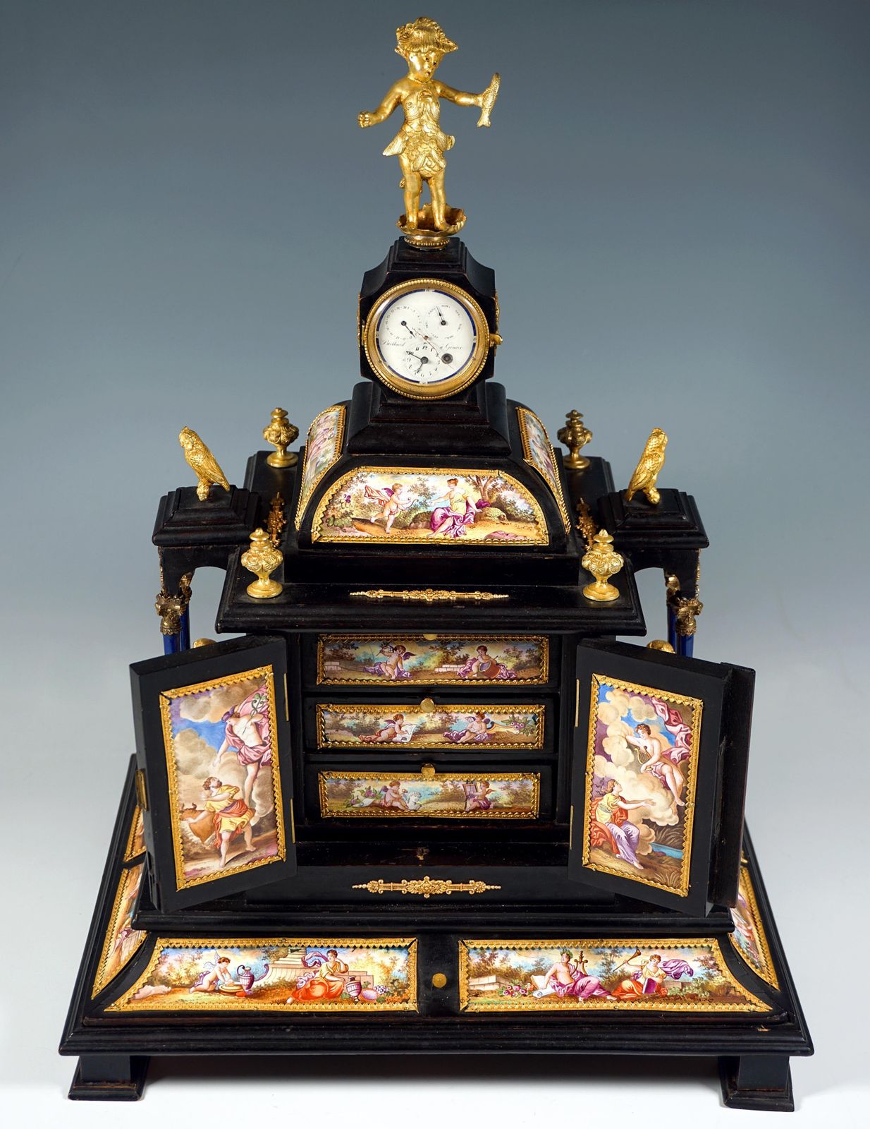 Noble Viennese Jewel Case With Enamel Paintings, Bronze Figures & Clock, Ca 1870 photo Home Decor