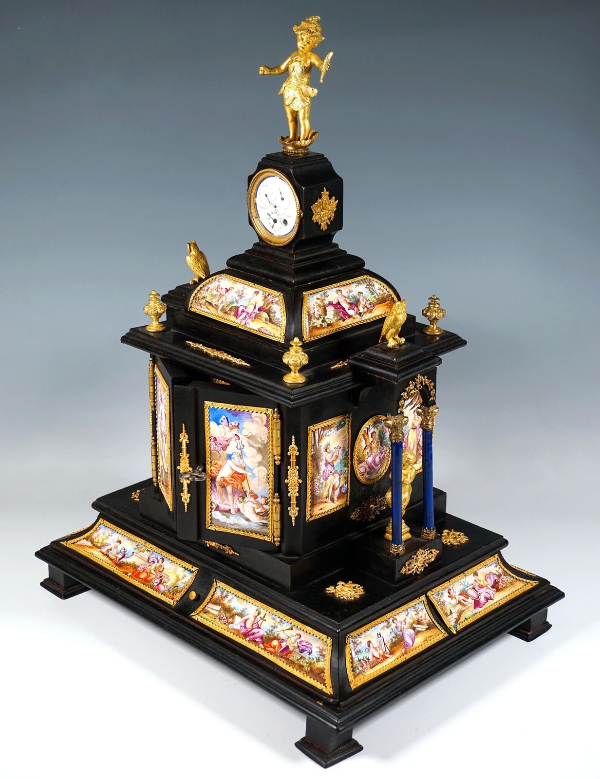 Noble Viennese Jewel Case With Enamel Paintings, Bronze Figures & Clock, Ca 1870 photo vinterior