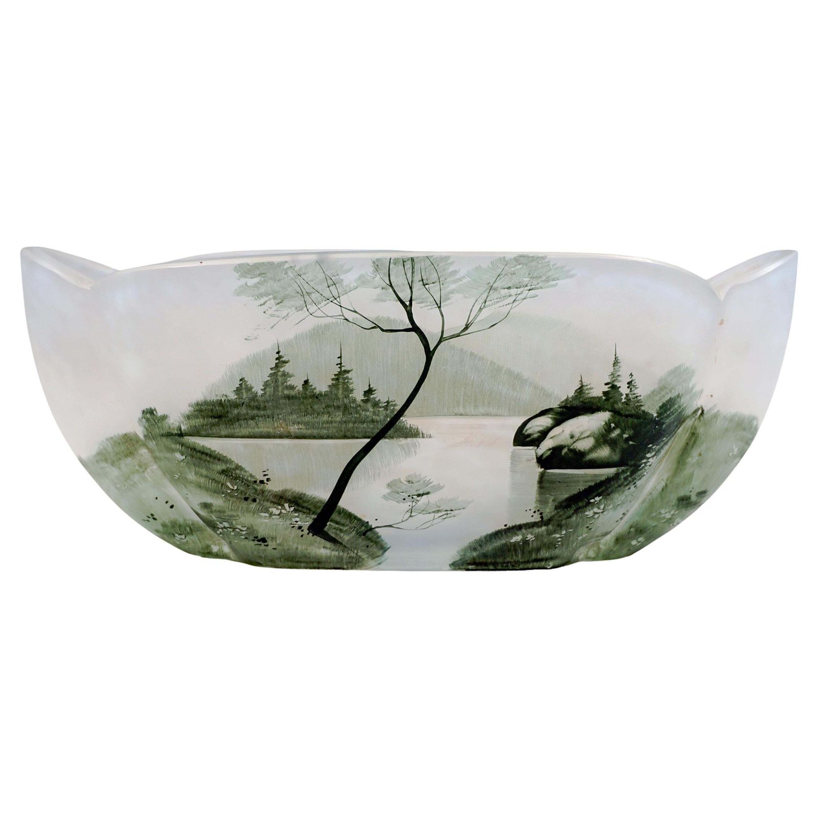 Art Nouveau Oval Glass Bowl With Painted Seescape, Daum Nancy, France, Ca 1900