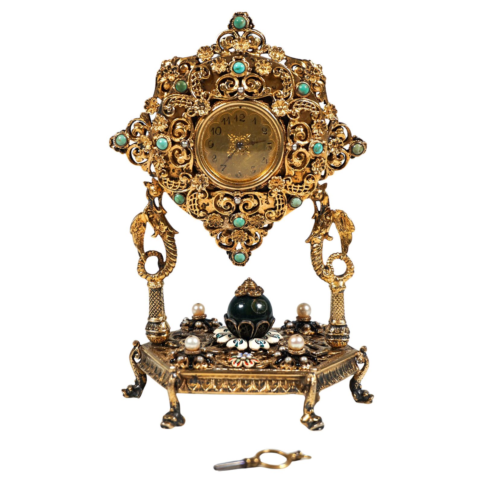 Viennese Silver Gilt Historicism Splendour Clock With Turquoises & Pearls, C1880
