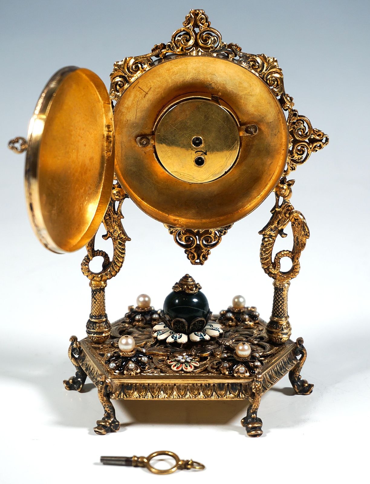 Viennese Silver Gilt Historicism Splendour Clock With Turquoises & Pearls, C1880 photo vinterior