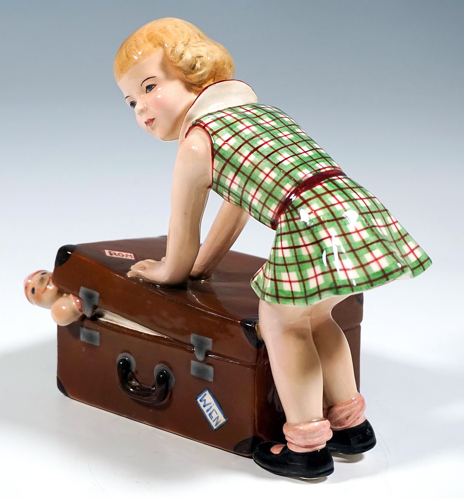 Goldscheider Vienna Figurine, Little Girl Closing A Suitcase, By Dakon, Ca. 1937 photo Home Decor