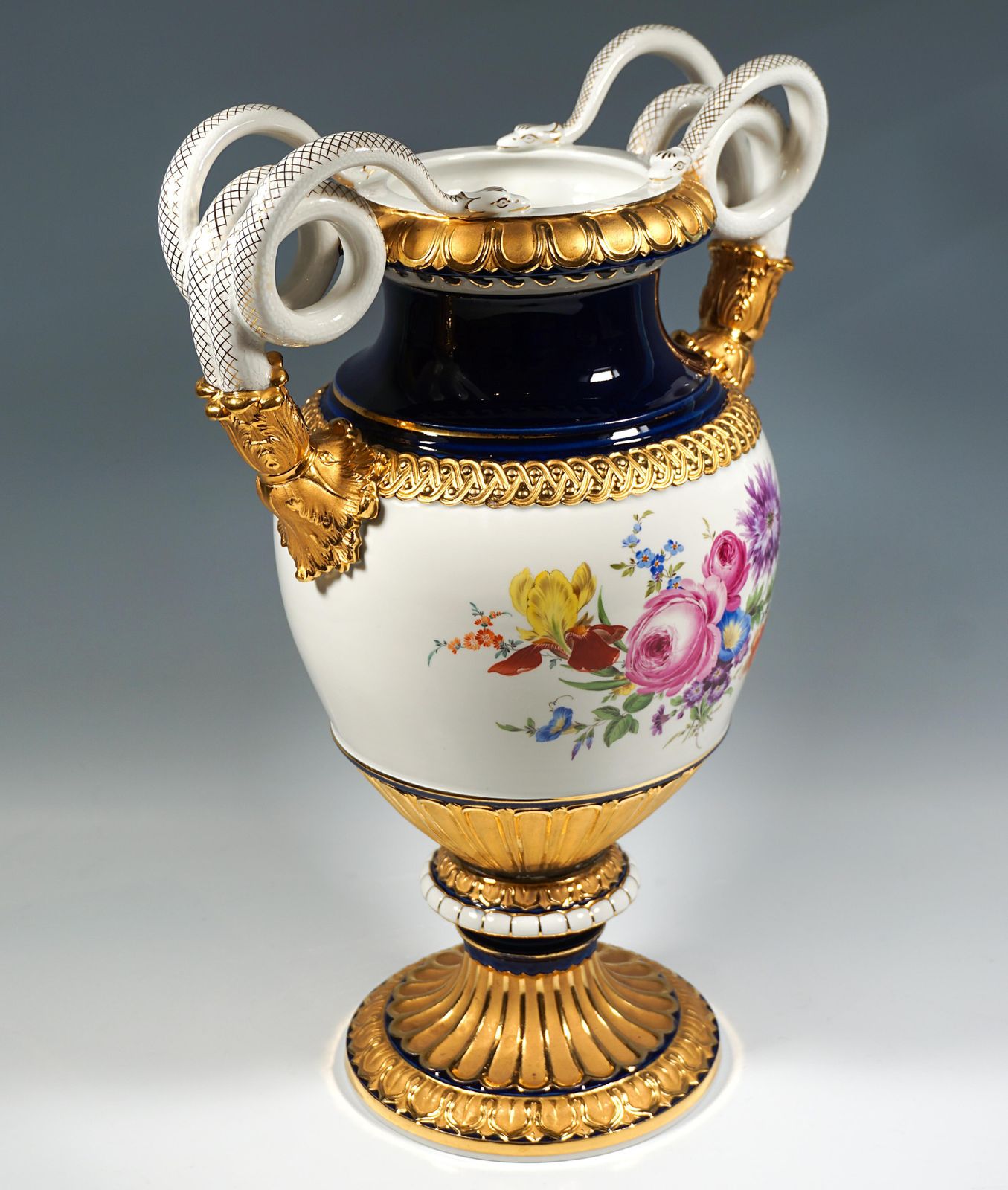 Meissen Snake Handle Vase With Flower Painting And Gilding, By Leuteritz, 20th photo for sale