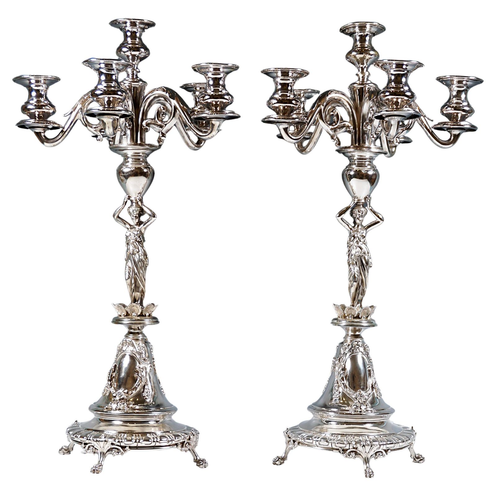 Pair Of 6 Flame Art Nouveau Silver Candelabra With Caryatids, Vienna, Ca 1890