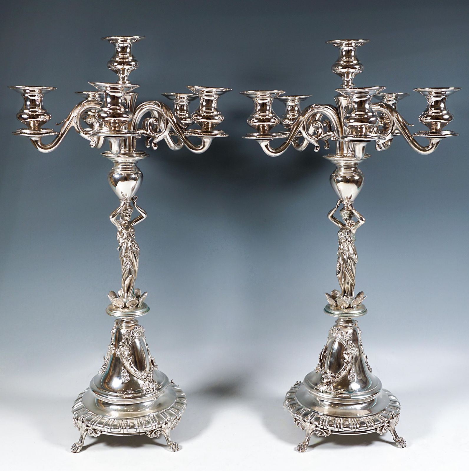 Pair Of 6 Flame Art Nouveau Silver Candelabra With Caryatids, Vienna, Ca 1890 photo furniture