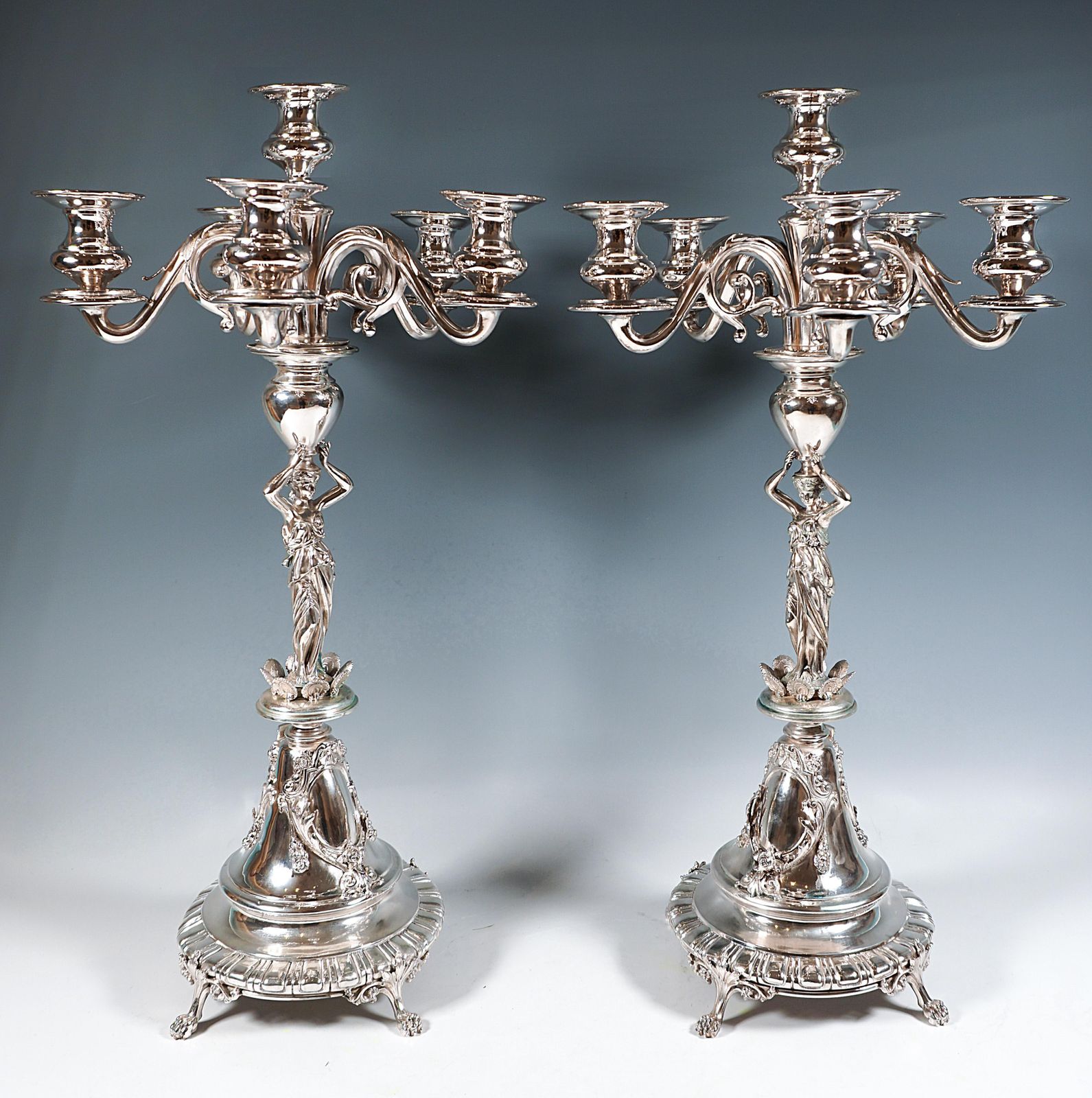 Pair Of 6 Flame Art Nouveau Silver Candelabra With Caryatids, Vienna, Ca 1890 photo for sale