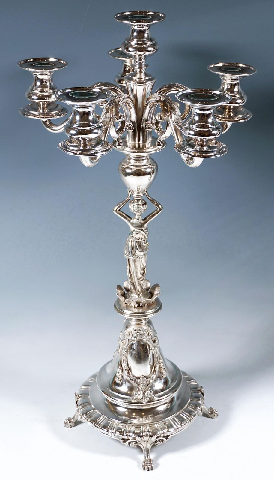 Pair Of 6 Flame Art Nouveau Silver Candelabra With Caryatids, Vienna, Ca 1890 photo vintage