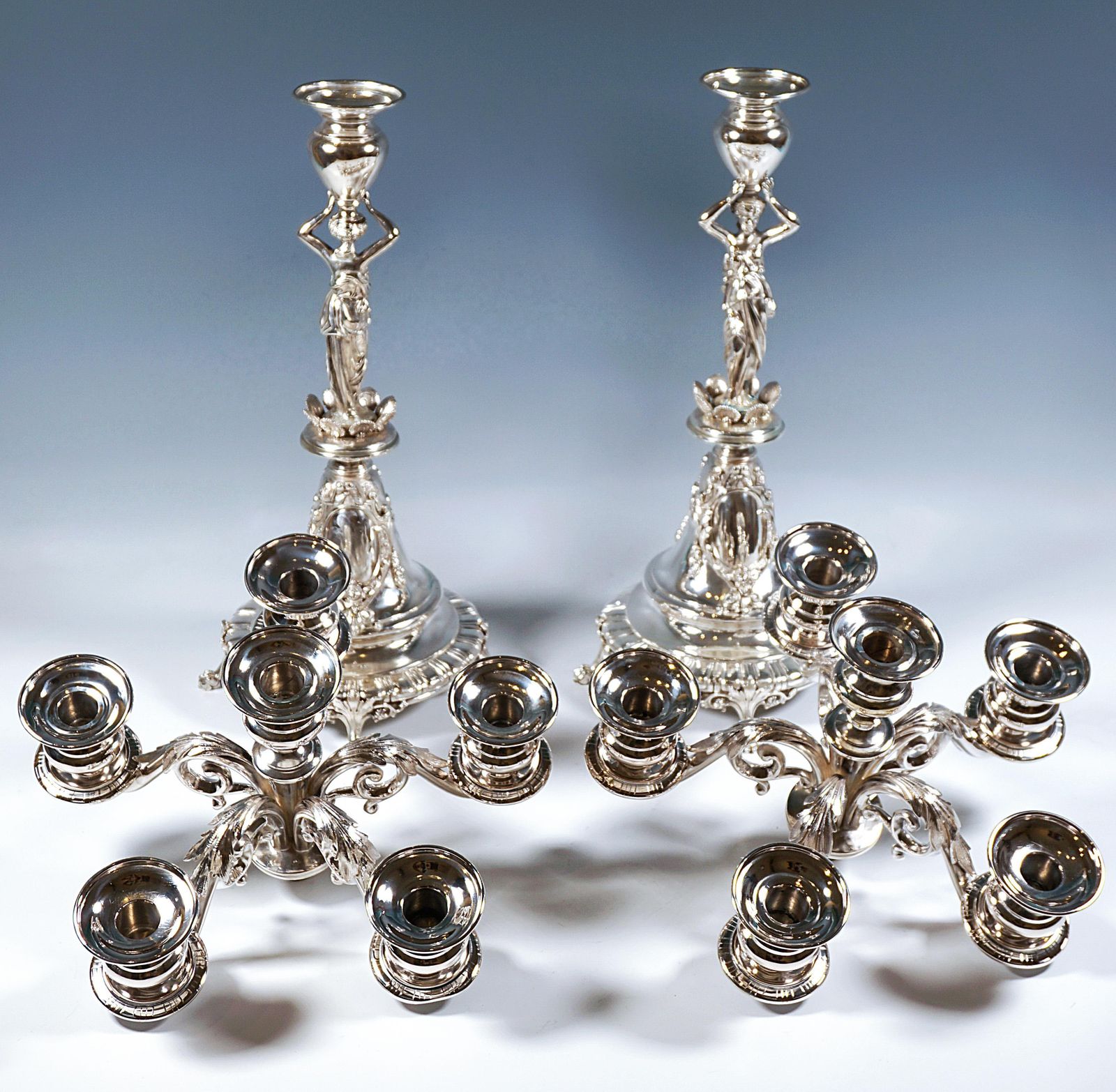 photo vinterior Pair Of 6 Flame Art Nouveau Silver Candelabra With Caryatids, Vienna, Ca 1890
