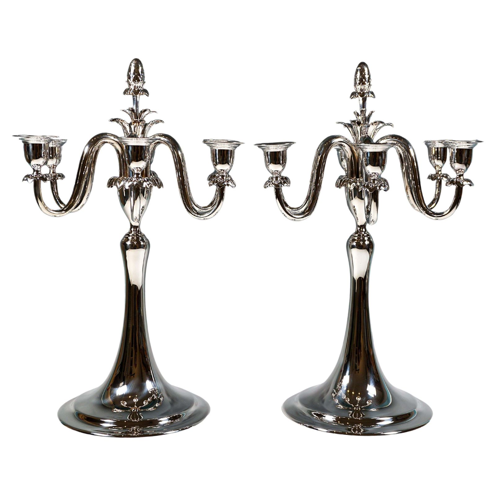 Pair Of 6 Flame Art Nouveau Silver Candelabra, By J.C. Klinkosch Vienna, Ca 1900