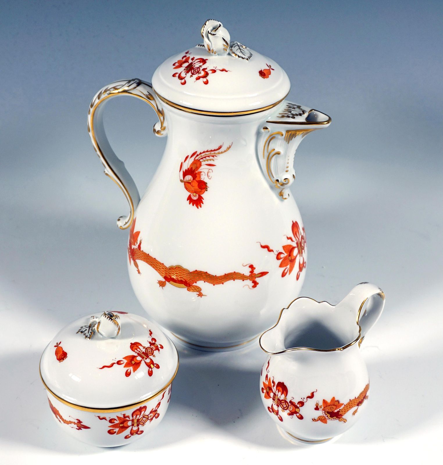 Meissen Coffee Set For 6 Persons Rich Dragon Red & Gold, 20th Century photo for sale