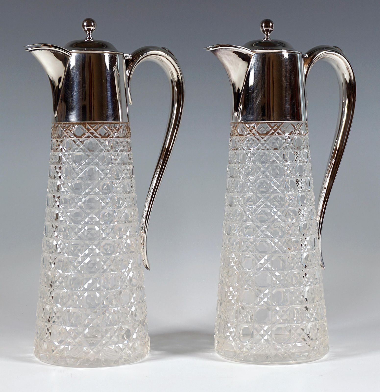 Pair Of Art Nouveau Carafes With Silver Mount By Barker Brothers Birmingham 1901 photo for sale