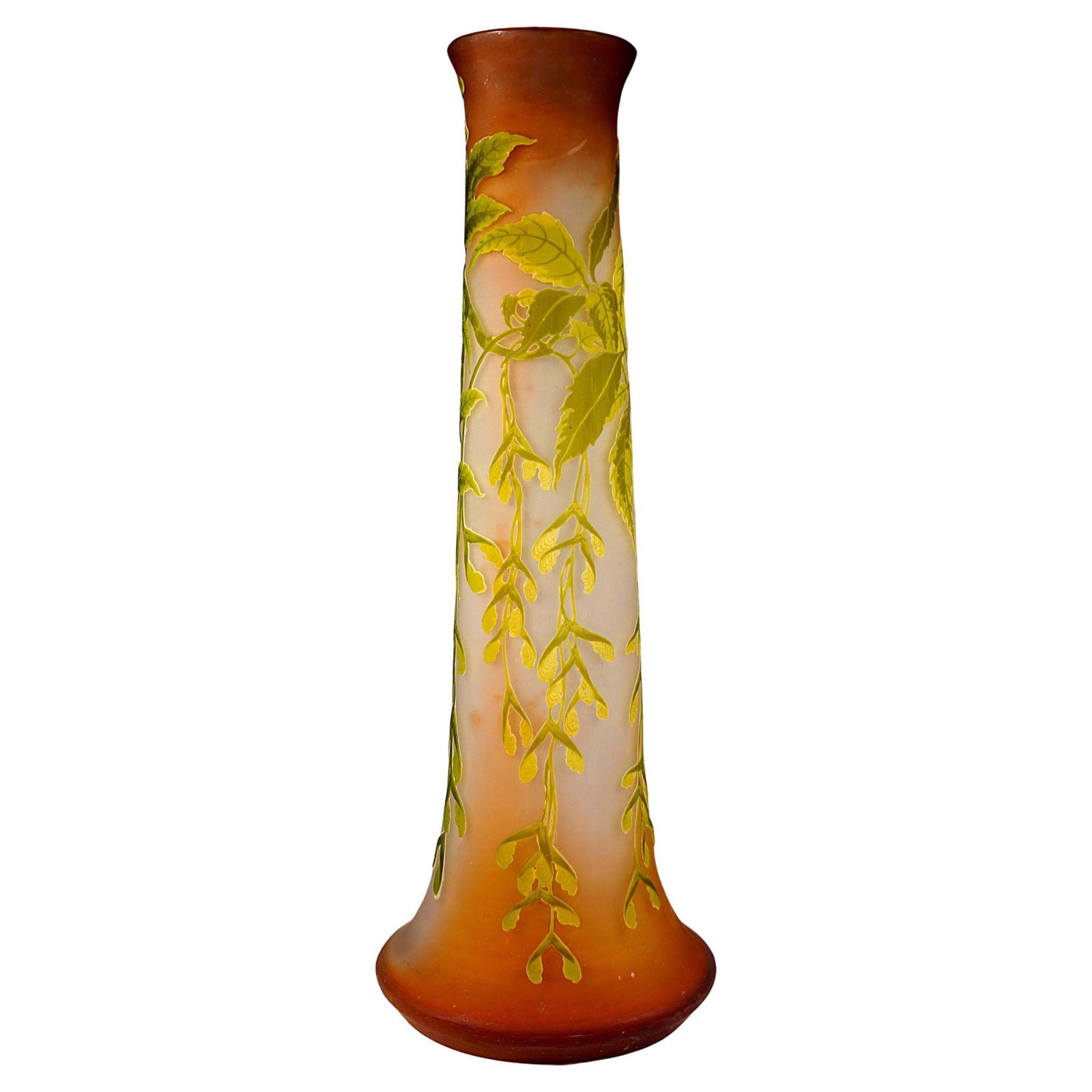 Large émile Gallé Art Nouveau Cameo Vase, Ash Maple Decor, France, Circa 1910