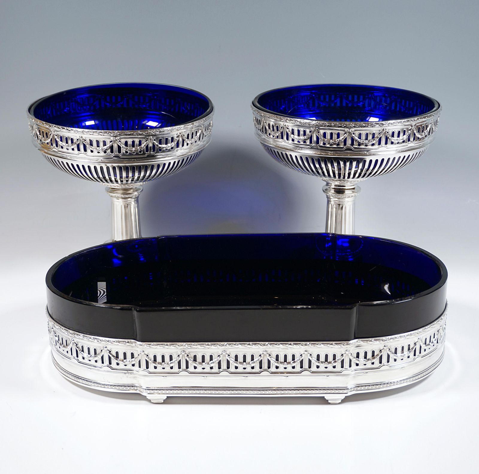 3 Piece Silver Art Nouveau Centerpiece With Blue Glass Inserts, France Ca 1905 photo for sale
