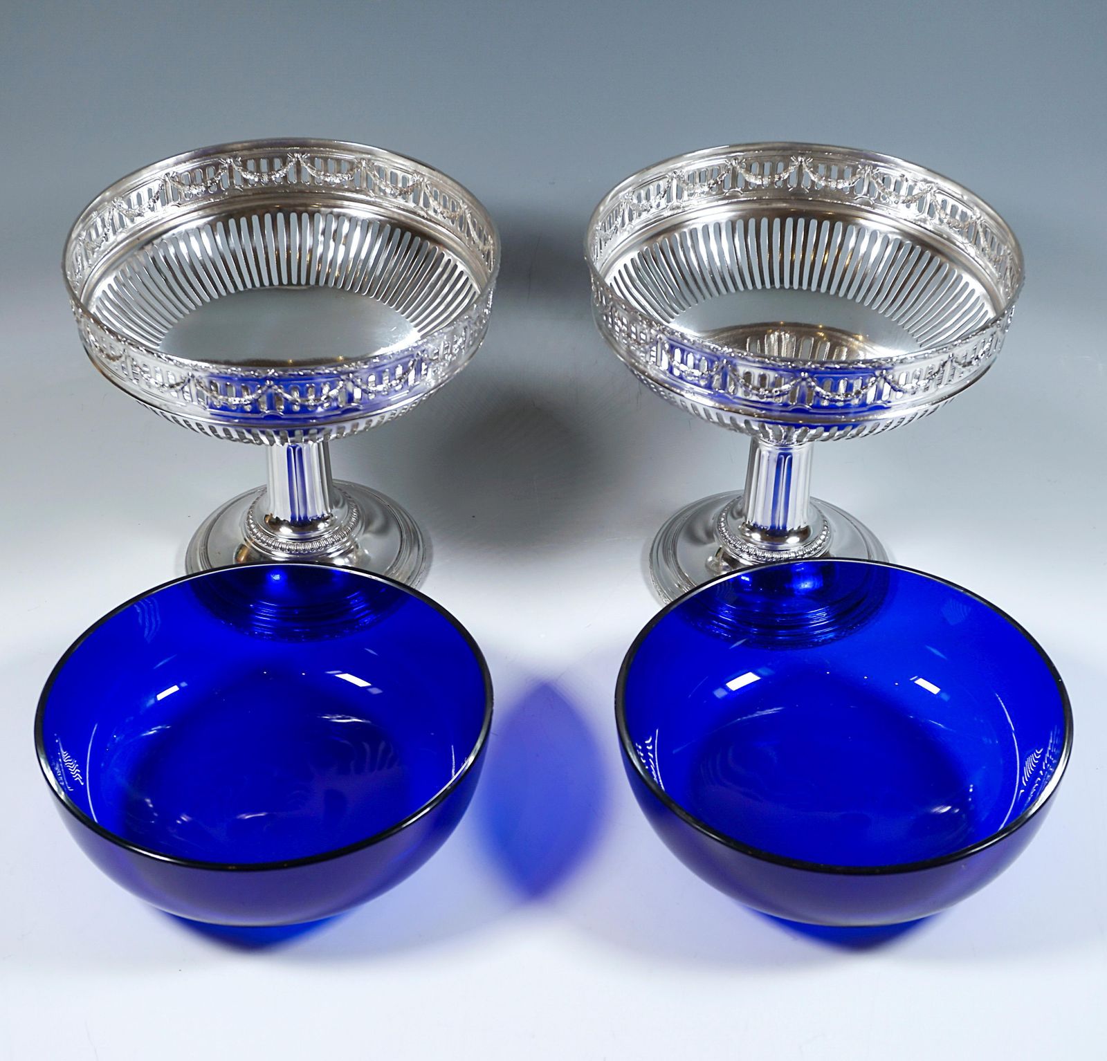3 Piece Silver Art Nouveau Centerpiece With Blue Glass Inserts, France Ca 1905 photo buy
