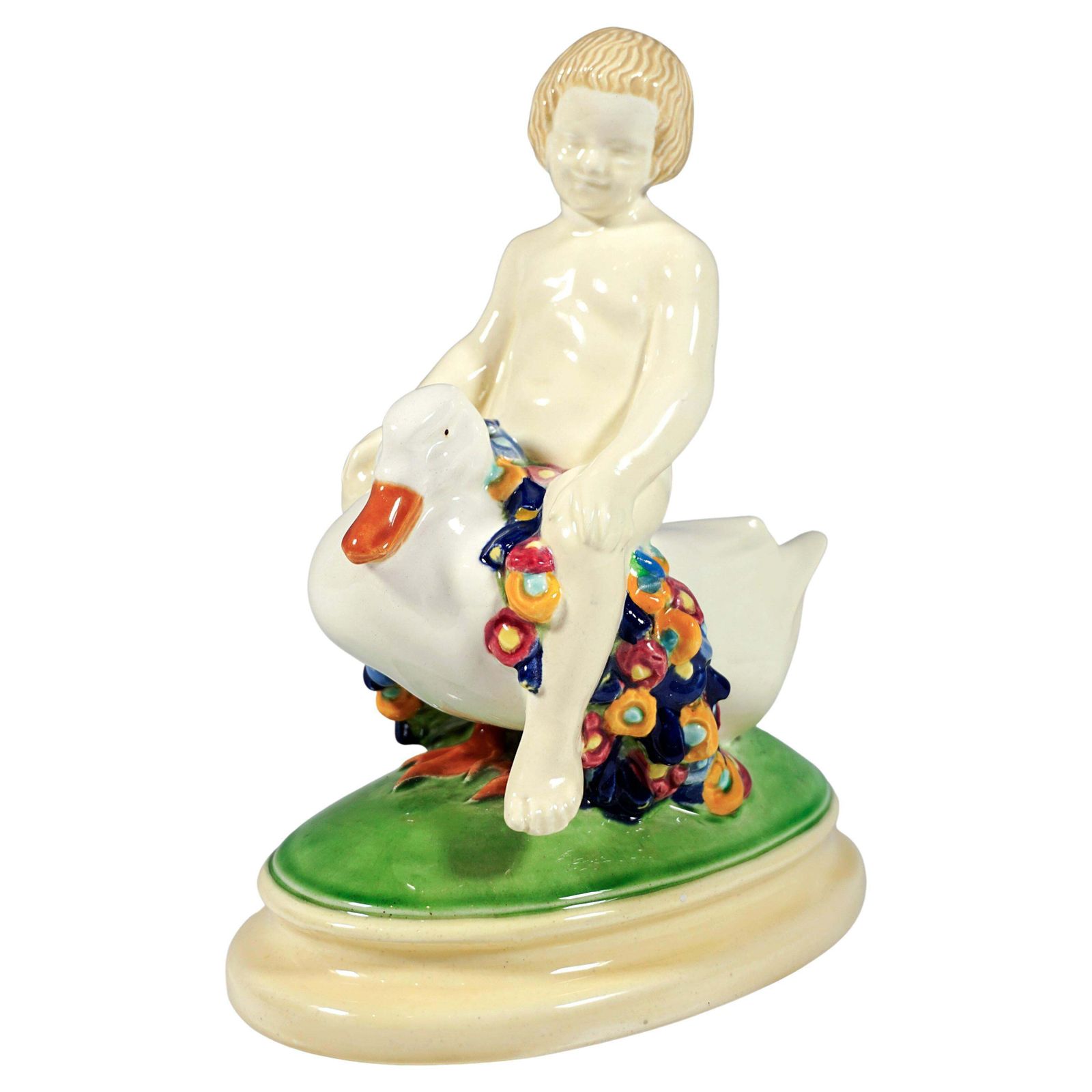 Vienna Art Ceramics Art Nouveau Figure Putto Riding A Duck By Doblinger, Ca 1910