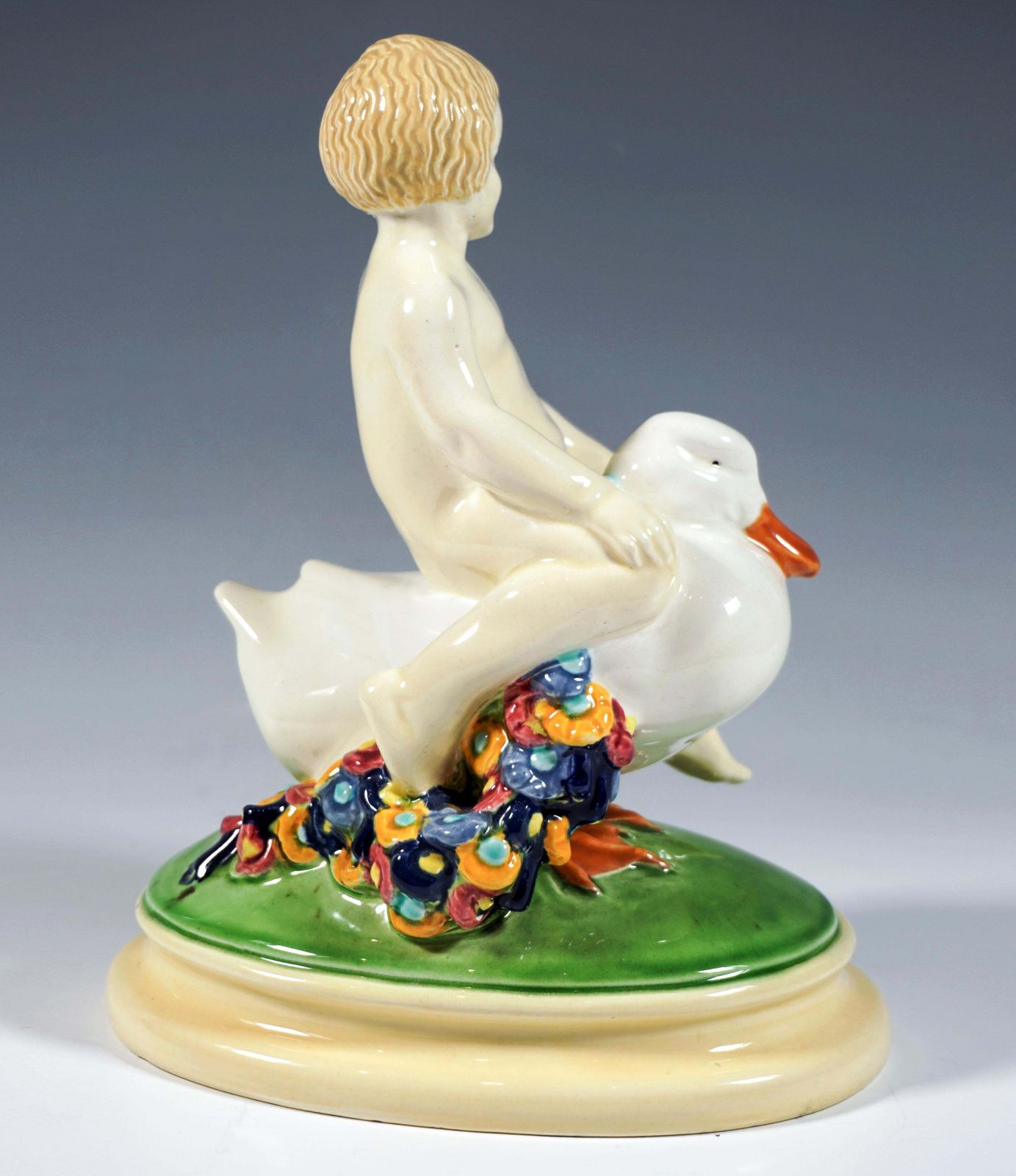 Vienna Art Ceramics Art Nouveau Figure Putto Riding A Duck By Doblinger, Ca 1910 photo for sale