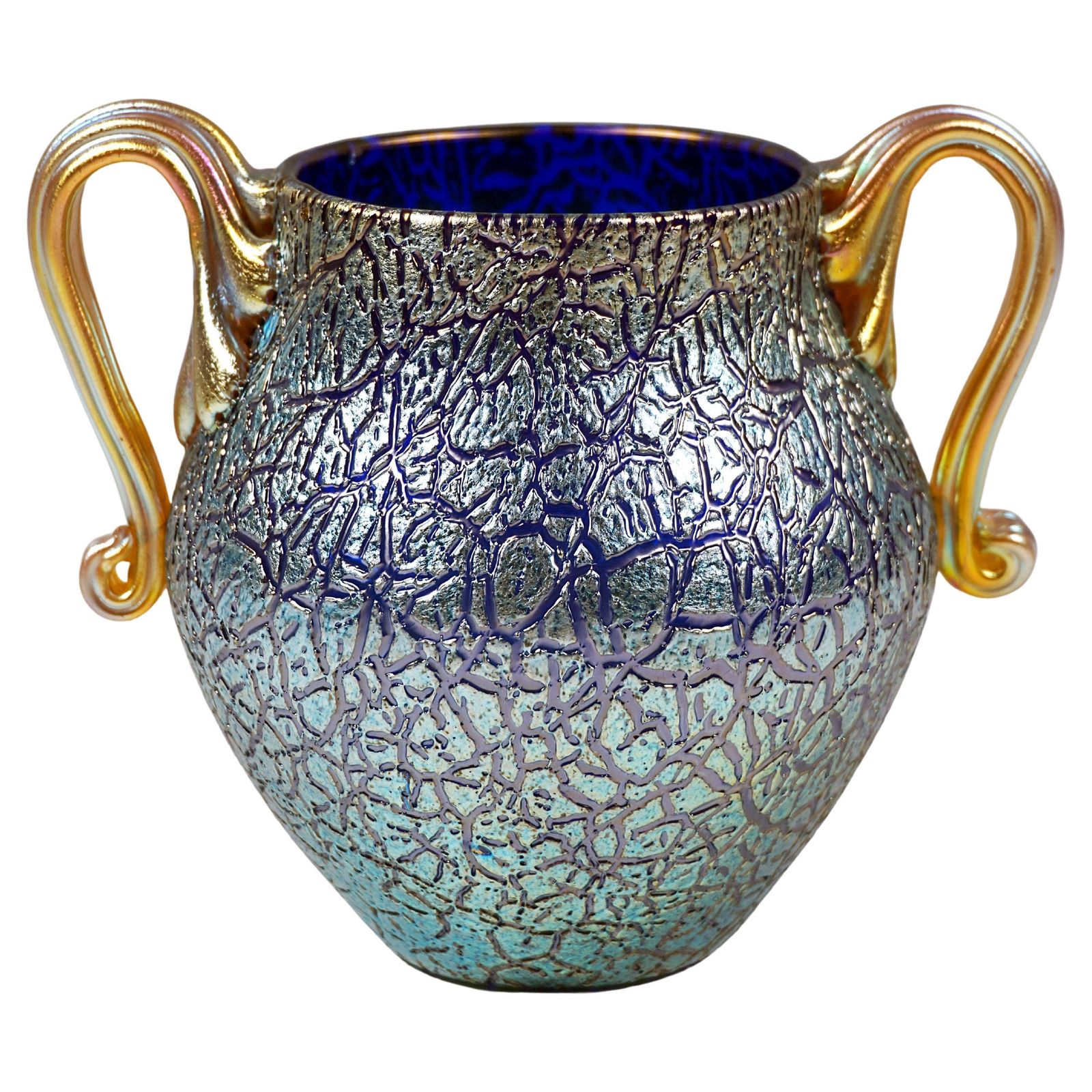 Loetz Art Nouveau Vase Cobalt Mimosa With 2 Handles, Austria Hungary, Circa 1909