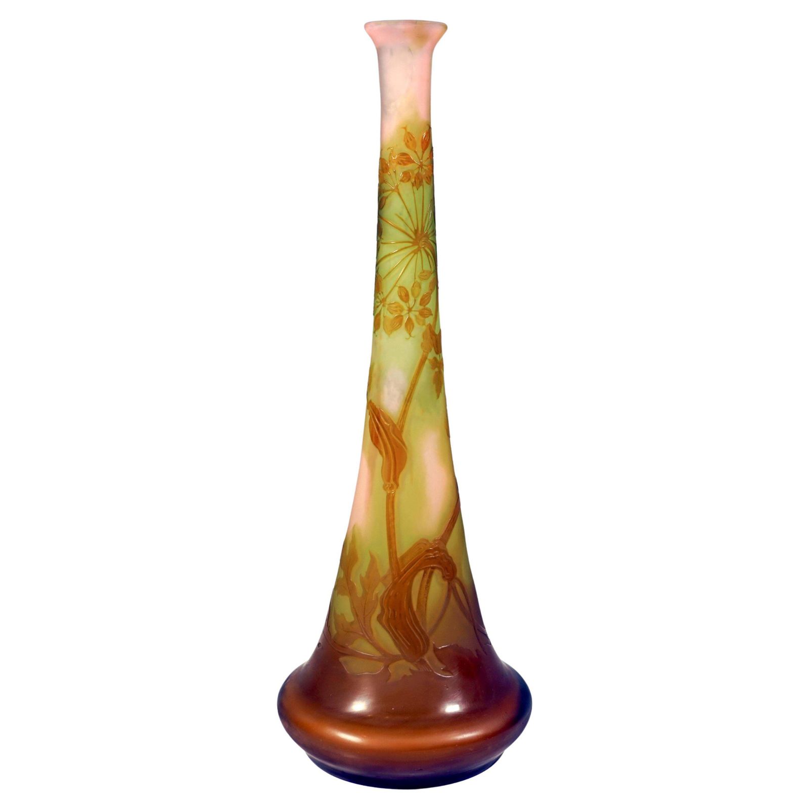 Large émile Gallé Art Nouveau Cameo Vase, Umbellifers Decor, France, Circa 1904