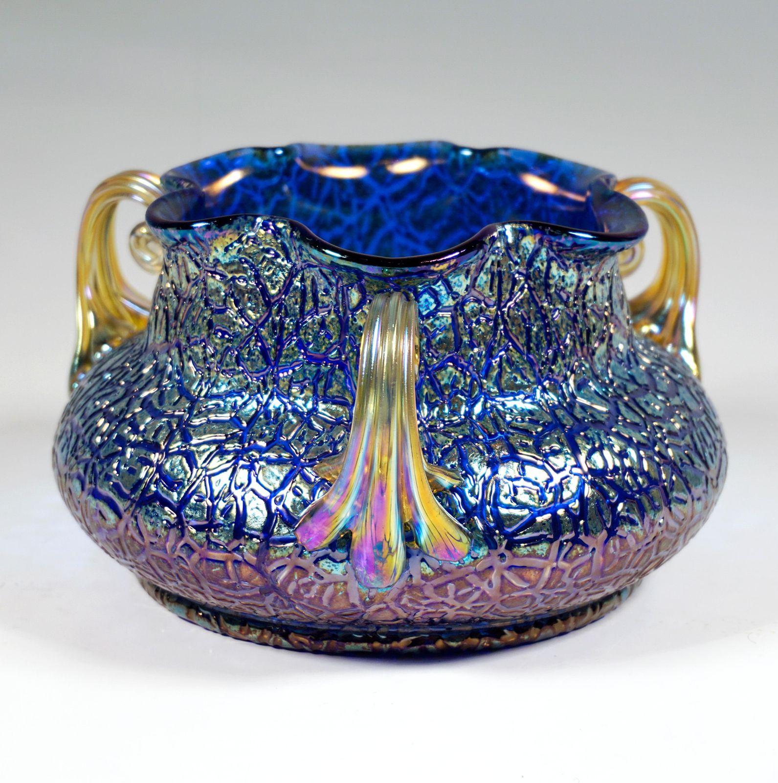 Loetz Art Nouveau Vase Cobalt Mimosa With 3 Handles, Austria Hungary, Circa 1911 photo for sale