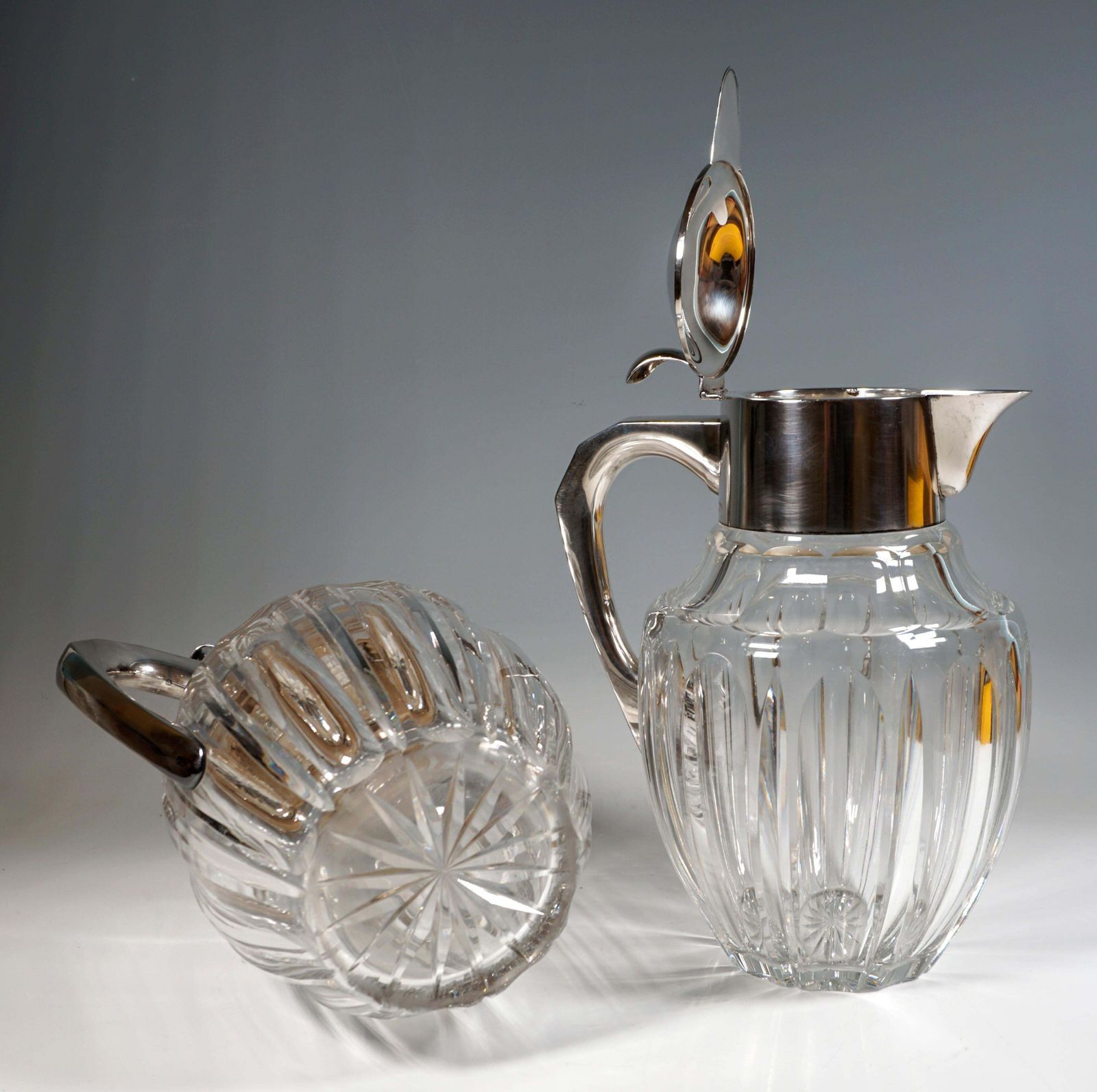 Pair Of Large Glass Carafes With Silver Mounts, Gebrüder Deyhle, Germany C. 1910 photo buy