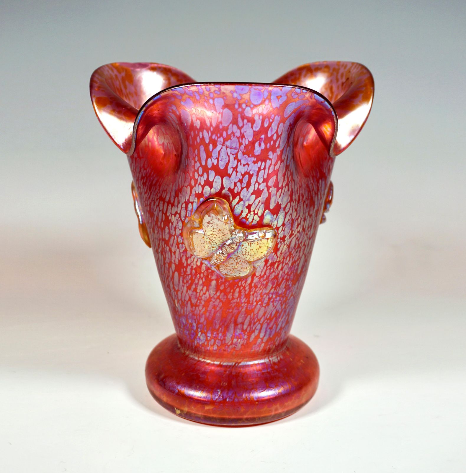 Loetz Art Nouveau Vase Camelia Red Papillon With Applied Butterflies, Ca 1900 photo furniture