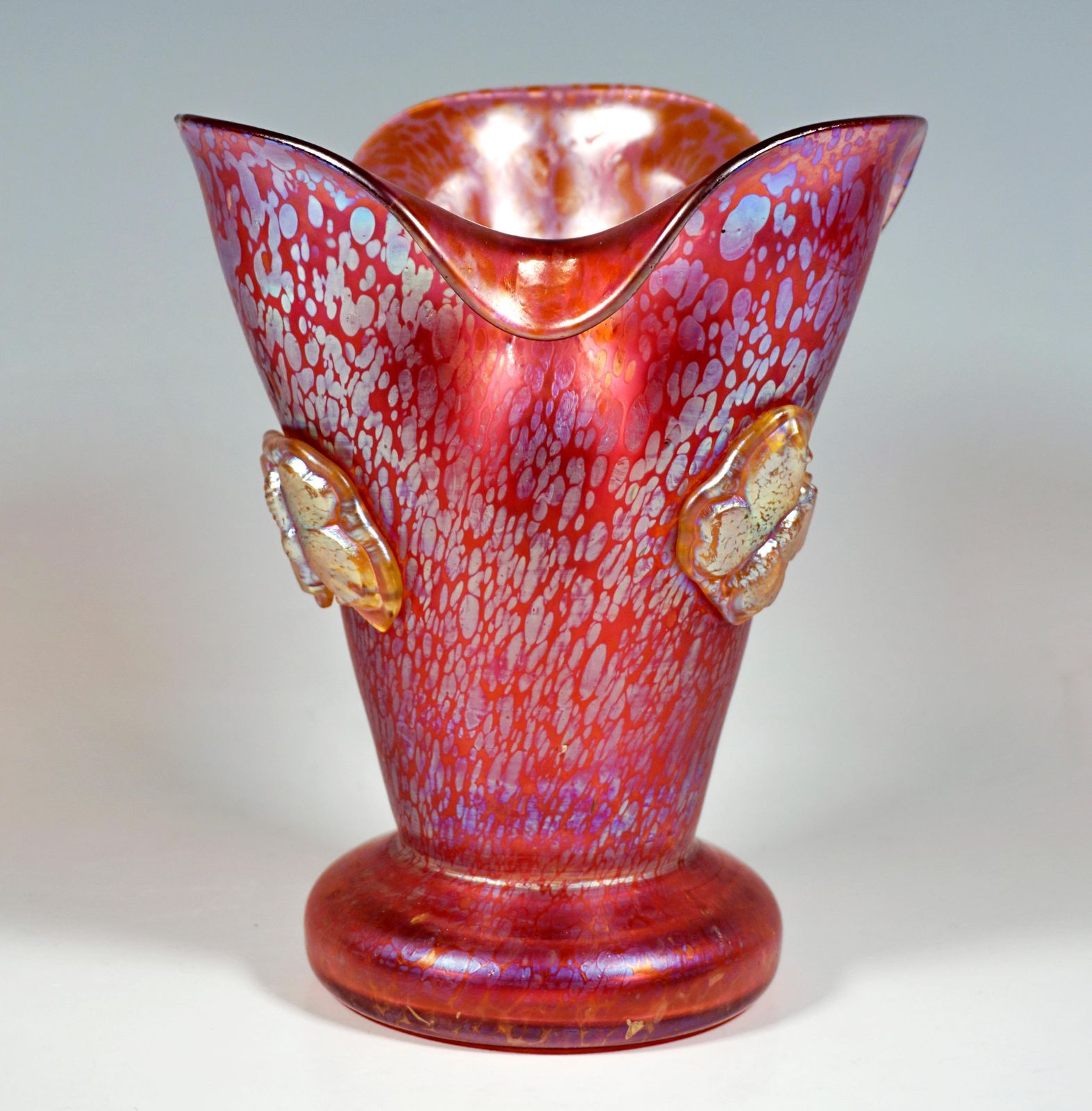 Loetz Art Nouveau Vase Camelia Red Papillon With Applied Butterflies, Ca 1900 photo for sale