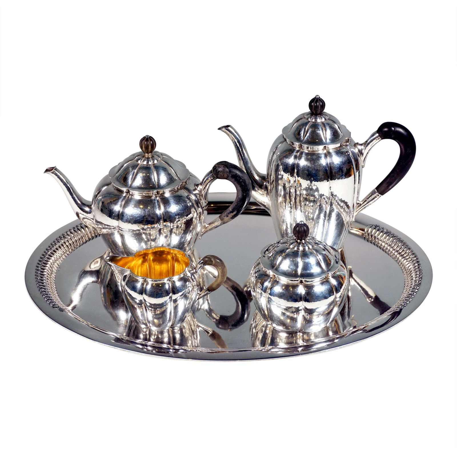 Art Déco Silver 5 Piece Coffee & Tea Set With Tray, Around 1920