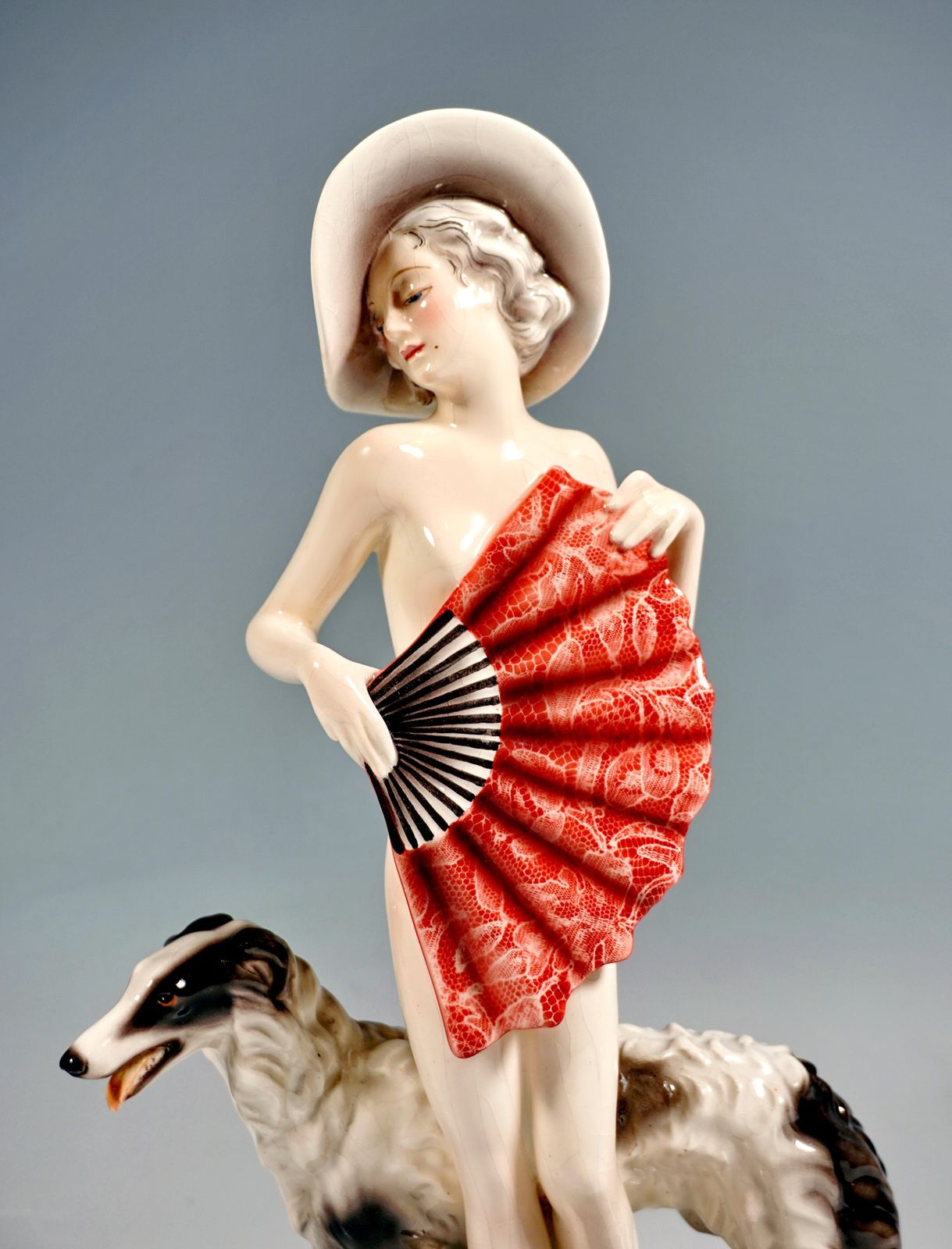 Goldscheider Vienna, Standing Nude With Large Fan, Hat & Barzoi, By Lorenzl 1937 photo 2087.0