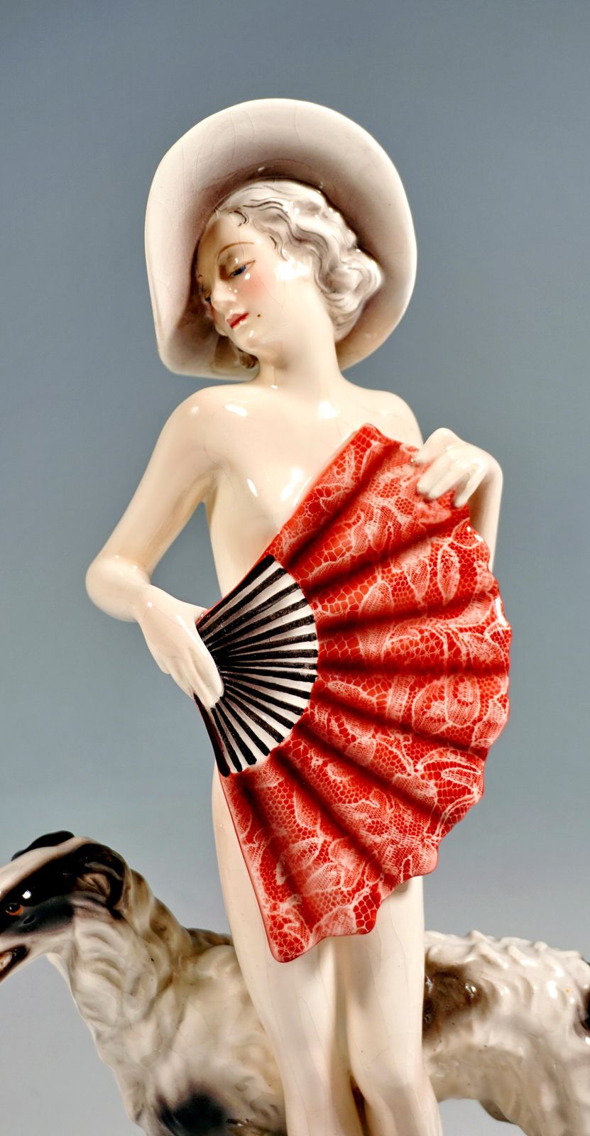 Goldscheider Vienna, Standing Nude With Large Fan, Hat & Barzoi, By Lorenzl 1937 photo vinterior