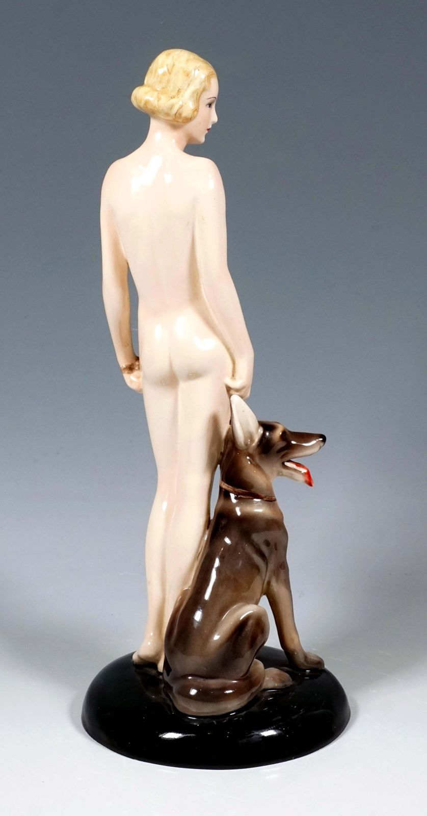 Goldscheider Art Deco Group Nude With Shepherd Dog, Lorenzl And Postl, Ca 1935 photo for sale