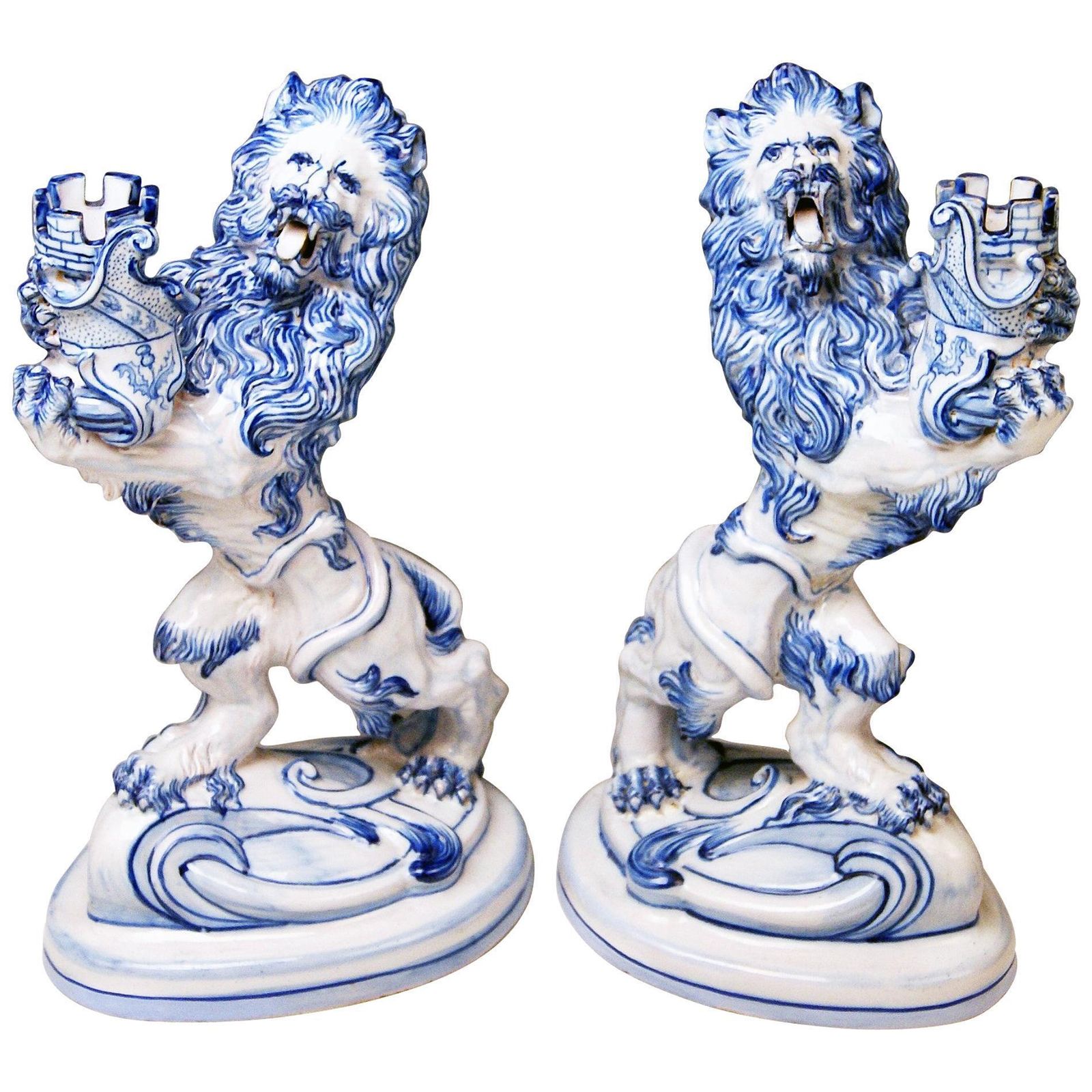 Pair Of Galle Nancy St. Clement Faience Walking & Roaring Lions Gallé Circa 1892