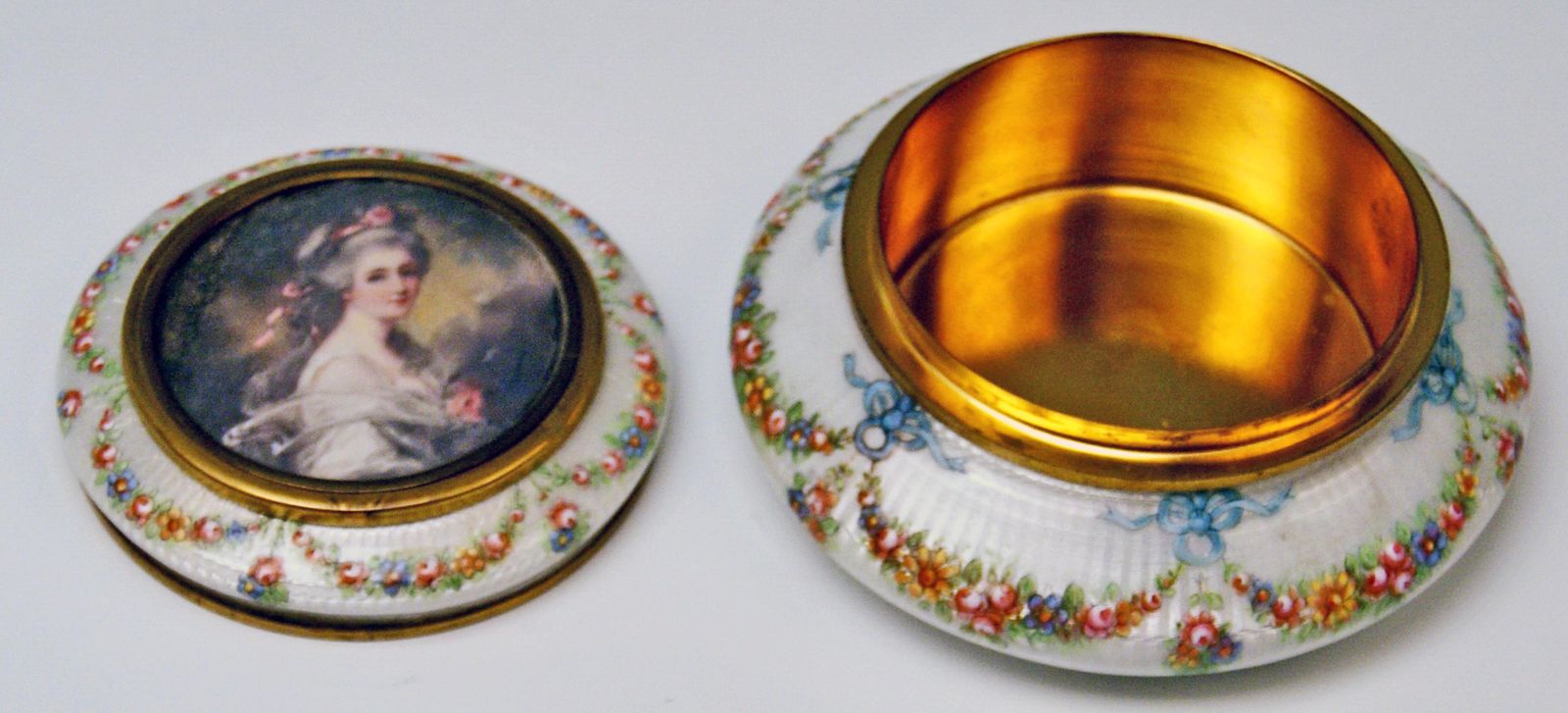Enamel Box Gilt Inside Painted Flowers Garlands Lady's Portrait, France photo for sale