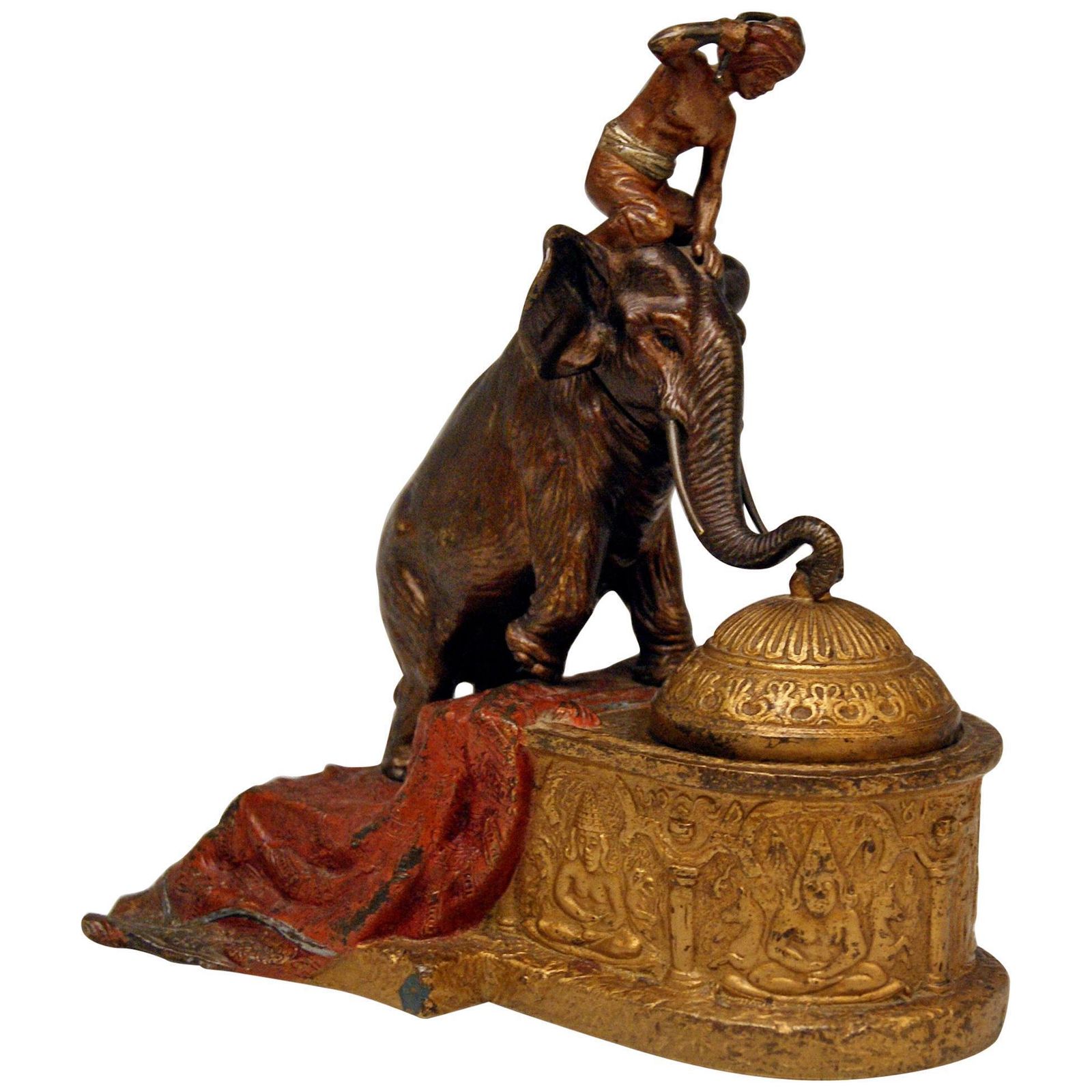 Vienna Bergman Bronze Indian Man On Elephant Inkstand Inkwell Inkpot, Circa 1880
