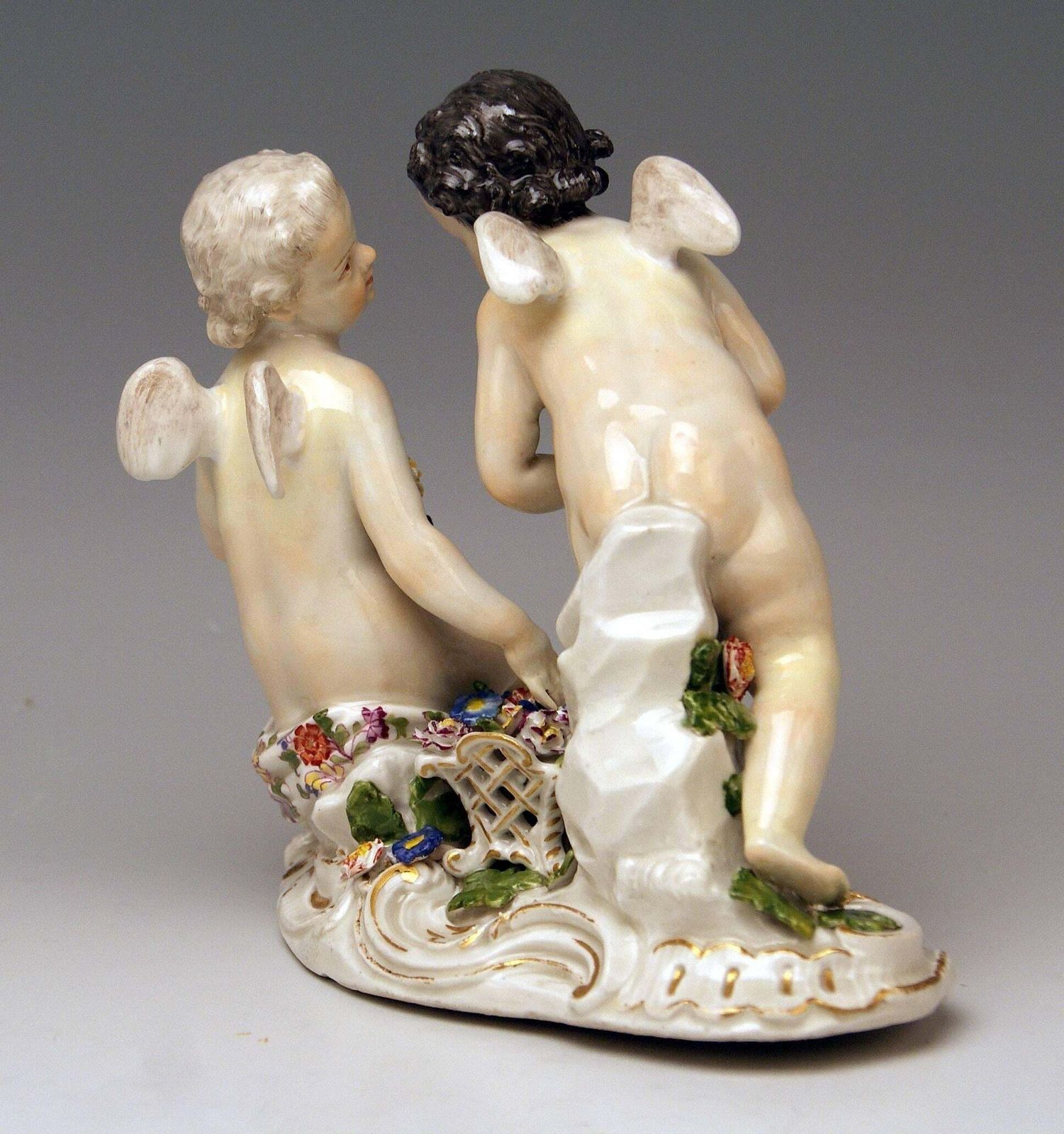 Meissen Rococo Cherubs Cupids Figurines With Flowers Model 2372 Kaendler 1755 60 photo for sale