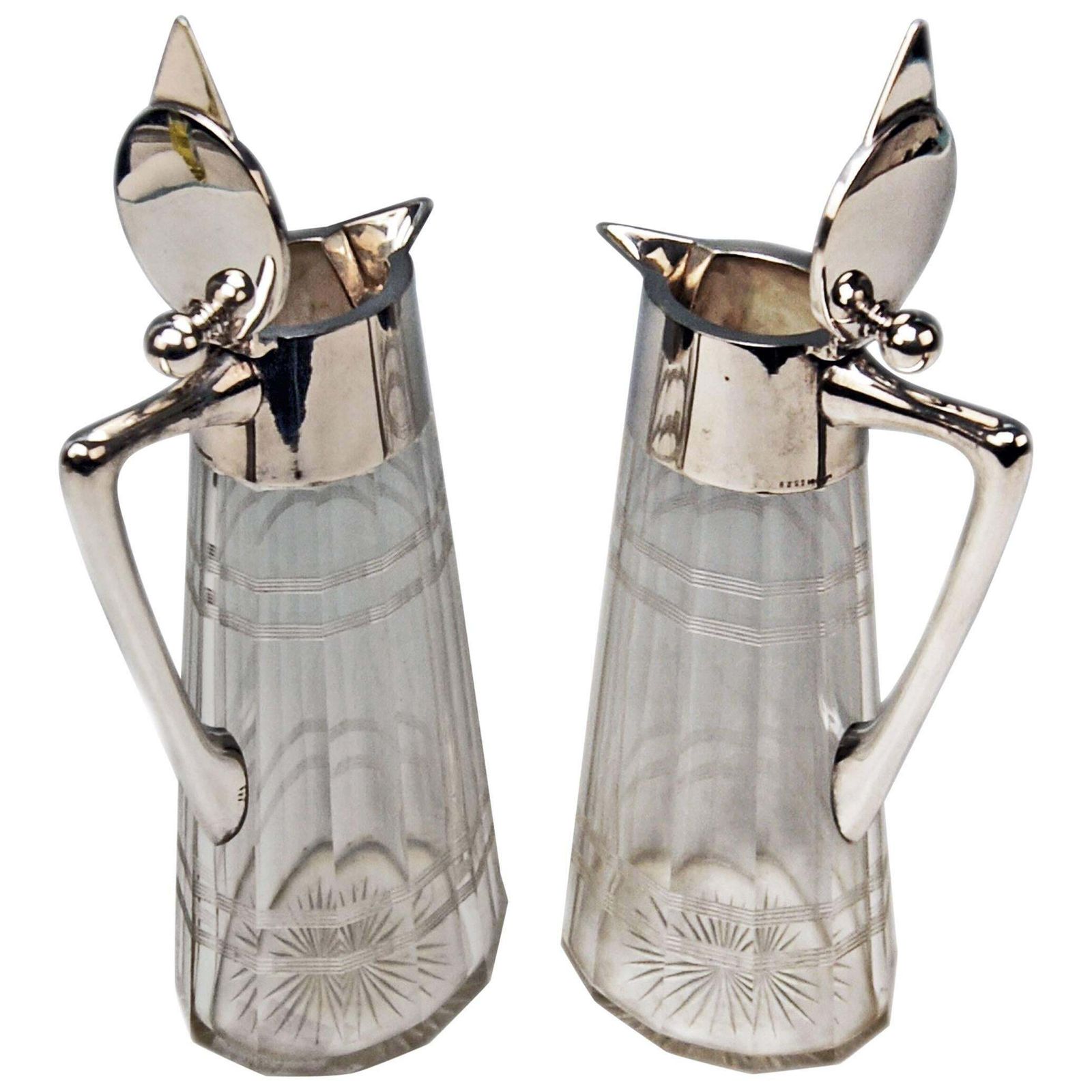 Silver Pair Of Glass Decanters Wilhelm Binder Art Nouveau Germany Circa 1900