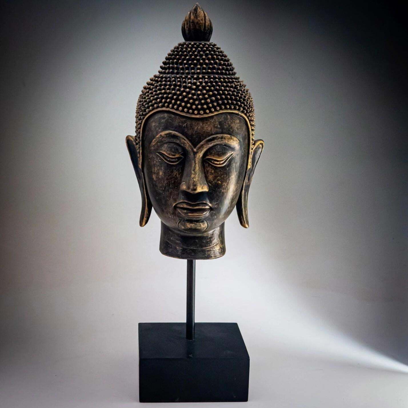 photo for sale Decorative Buddha Head Stand Antique Resin Buddha Head On Stand 1960
