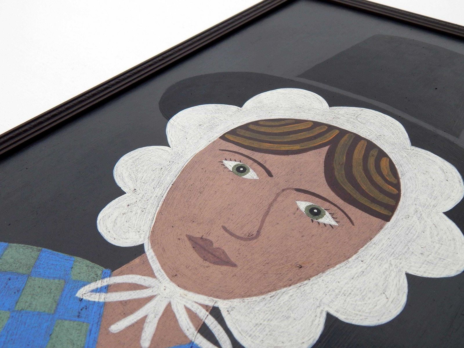 Original Naive Welsh Lady Painting : Folk Art Portrait In Antique Style Frame photo buy